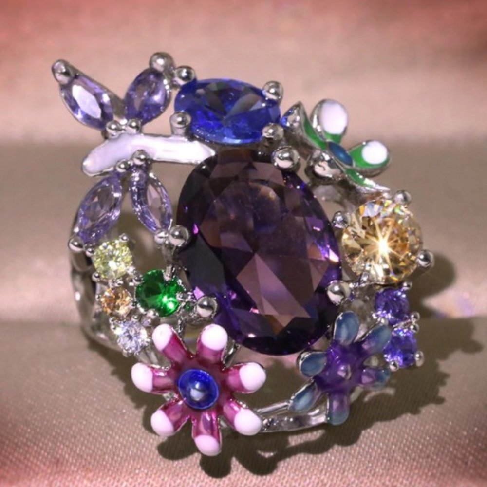 Womans Silver Luxury Big Flower & Butterfly Party Ring